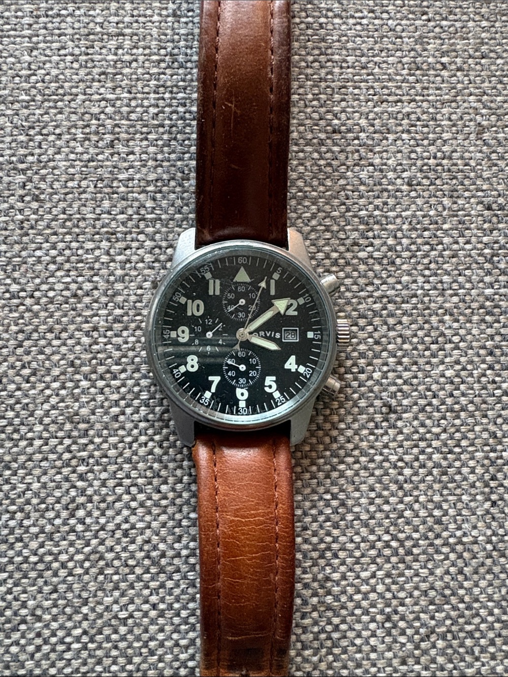 ORVIS - Vintage Field Chronograph watch with black dial - brown leather strap